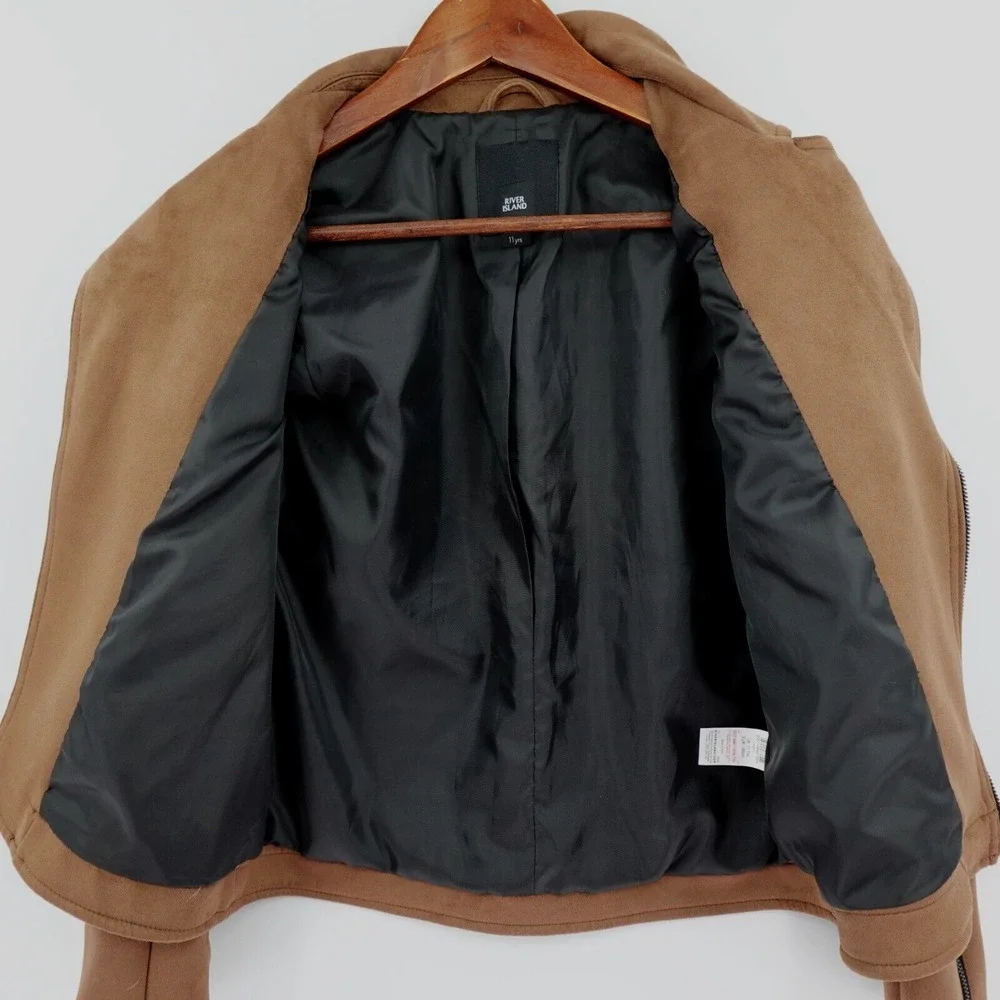 Girls Biker Jacket Medium 11‎ yrs Brown Vegan Suede Motorcycle Retro 80s